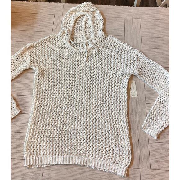 NWT Nicole Miller off white open knit crochet hooded tunic Cover Up. Poly. Sz L - Picture 4 of 11